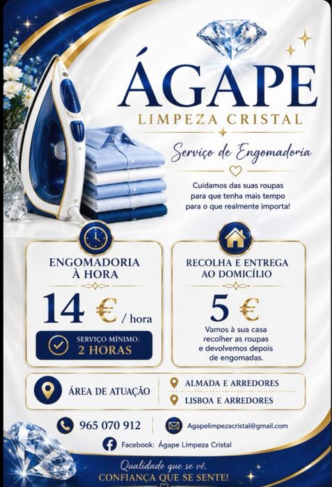 ÁGAPE CRYSTAL CLEANING – IRONING SERVICE  Ironing: €14/hour  Minimum service duration: 2 hours  Home pickup and delivery: €5 (Almada and Lisbon)