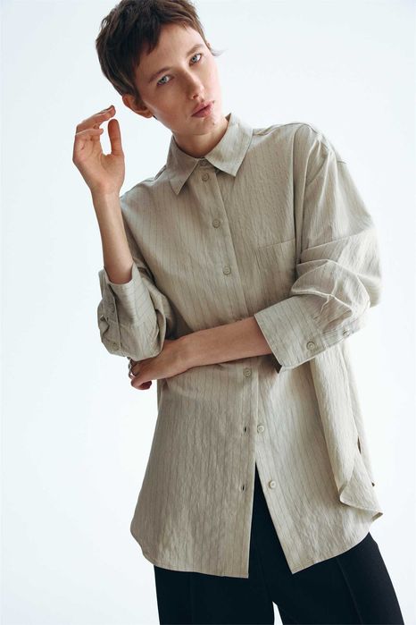 Koszula oversize XS nowa kolekcja beż khaki prążek wiskoza bluzka PROMOCJA