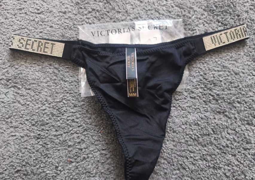 Stringi Victoria's Secret srebrne cyrkonie z logo czarne M majtki 47zl