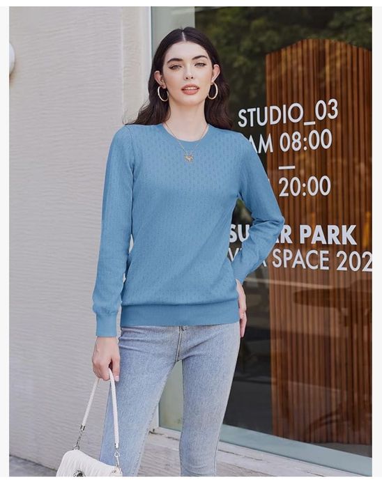 Elegancki sweter damski z okrągłym dekoltem, niebieski, rozm. S, ZEAGOO