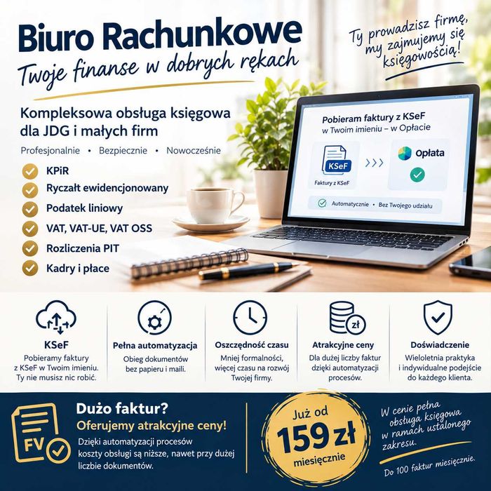 Usługi księgowe, biuro rachunkowe, księgowość- KPIR, RYCZAŁT, VAT, PIT