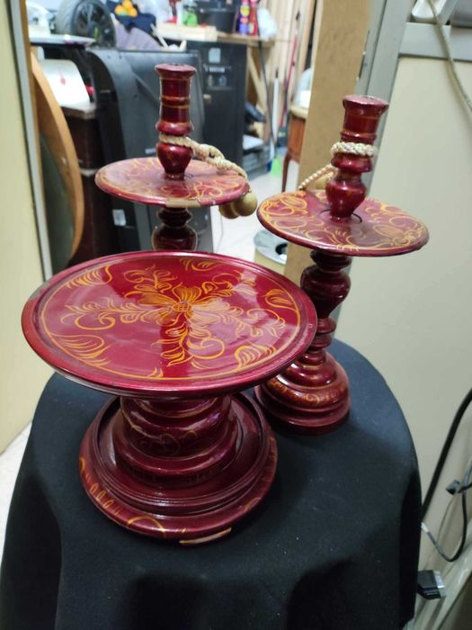 2 Castiçais e bandeja centro de Macau madeira lacada vintage