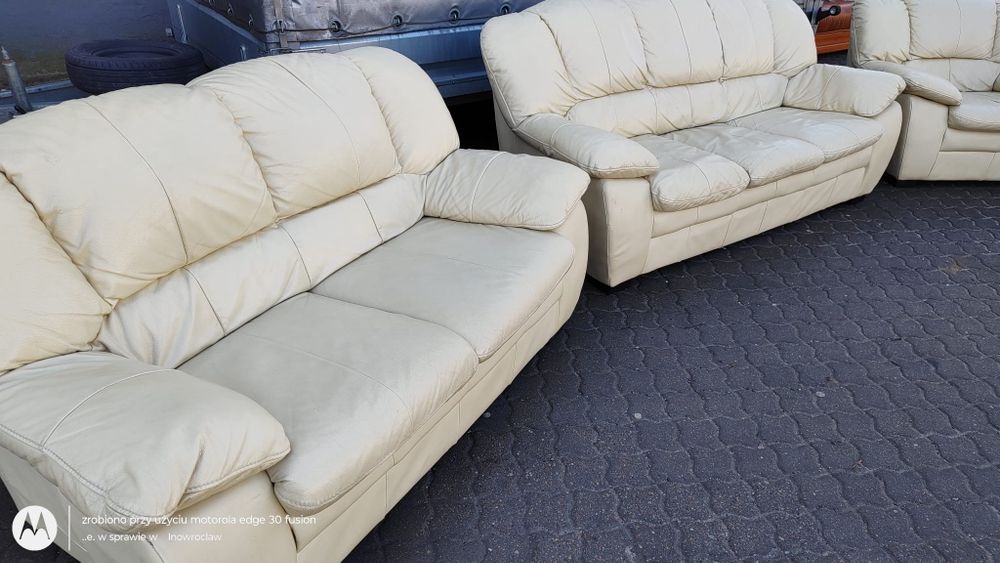 Komplet  że skóry  naturalnej ecru 3 2 1