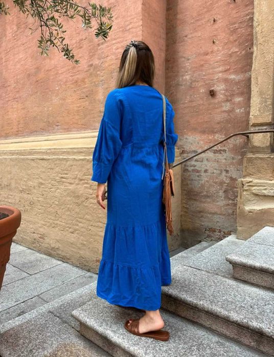 Zara kobaltowa dluga maxi boho sukienka len wiskoza