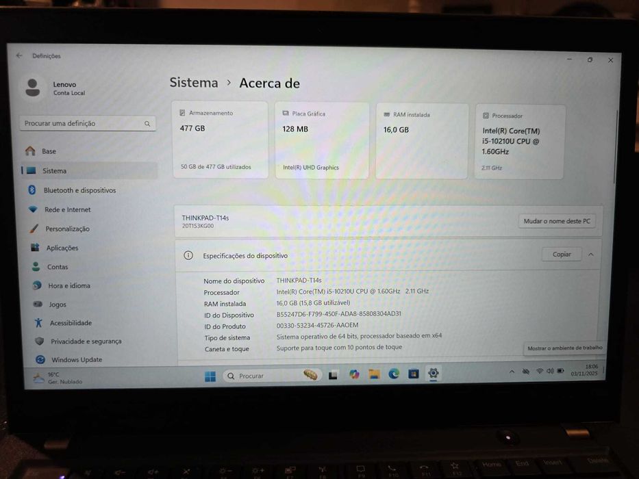 Lenovo ThinkPad T14s G1 | 10th Gen. Intel i5 | 16Gb | 512Gb Excelente