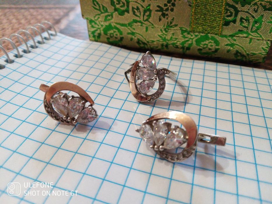 Срібний набір, з золотими пластинами, сяючі фіаніти,925