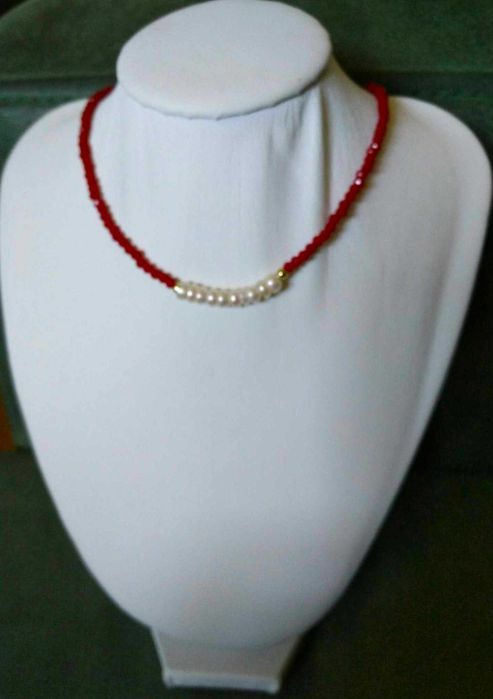 Colar Contas Vidro Facetadas Bordeaux e Perolas NOVO