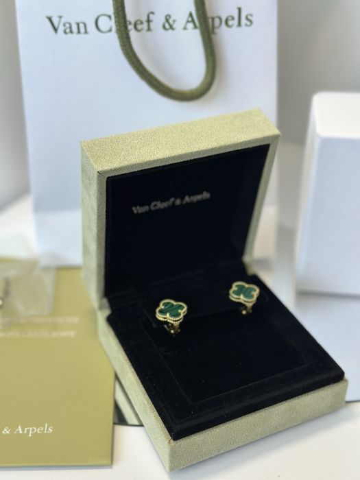 Нові срібні сережки Van Cleef Ван кліф в лимонній позолоті з малахітом