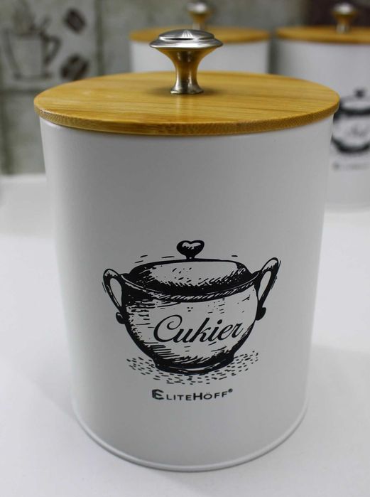 Białe pojemniki Kawa Herbata Cukier Sól z Maselniczką E6056