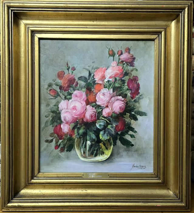 Quadro a Óleo de Aníbal Lopes – Natureza Morta (Rosas) com Moldura de Luxo