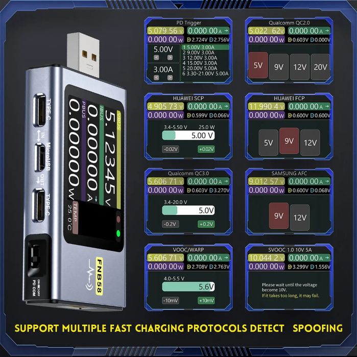 USB тестер FNIRSI FNB58 BT з Bluetooth, PD, QC