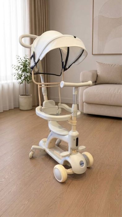 Дитячий 3 в 1 самокат-трансформер Smart Baby 669 з батьківською ручкою, захисним бортиком і козирком Молочний беговел велобег