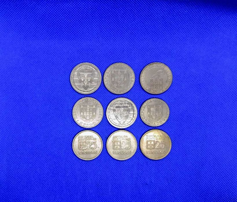 Lote de 9 moedas comemorativas de 25 Escudos em cobre/níquel