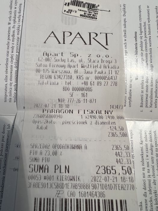 Złoty pierścionek z diamentem  APART wzór 109.461 rozm.9