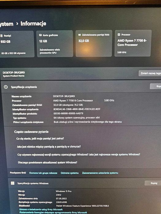 Komputer Gamingowy R7-7700/B650/32GB/1TBSSD/RTX4070/650W/W11