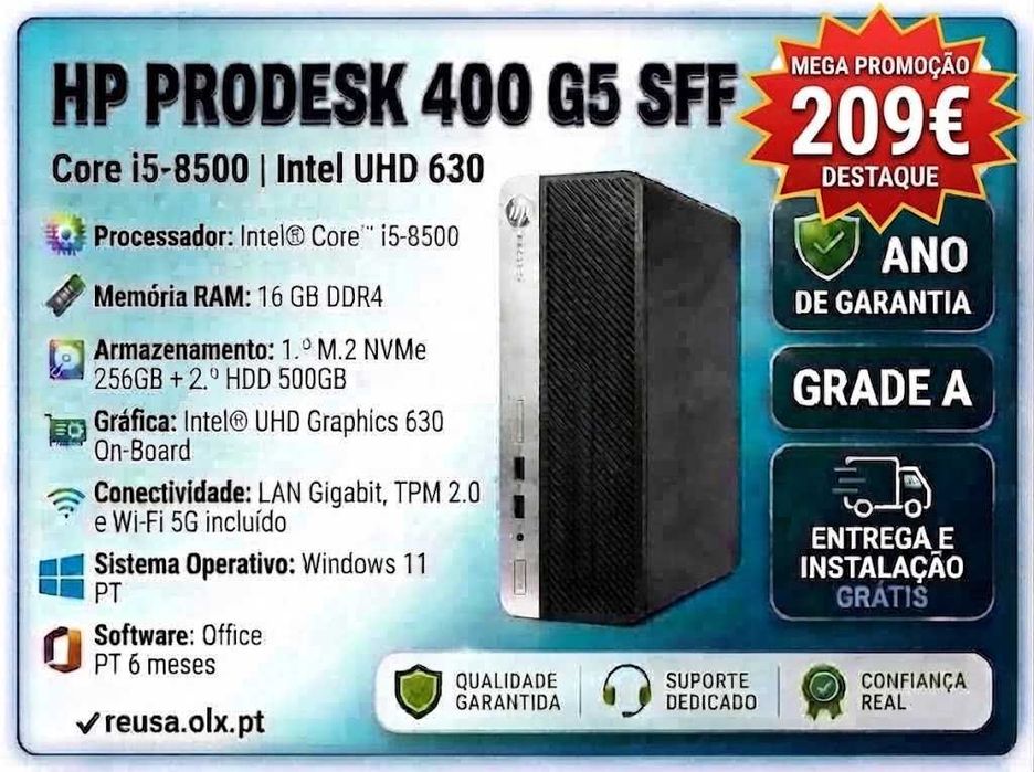 Mega Promoção HP 400G5 SFF | i5-8500 | 16GB DDR4 | NVMe 256GB + HDD 500GB | WiFi | W11