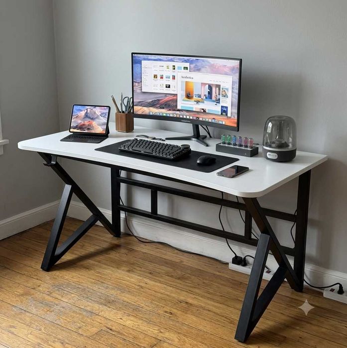 NOWE Biurko Komputerowe Gamingowe 120x60 cm Białe Loft Dla Gracza Pod Komputer Laptop Duży Blat Metalowy Do Nauki Biura Pokoju Młodzieżowego Stabilne