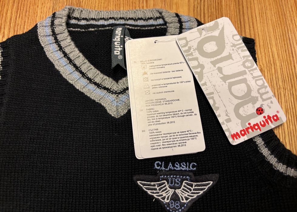 Kamizelka chłopięca dzianinowa 92 cm Mariquita nowa w serek granat