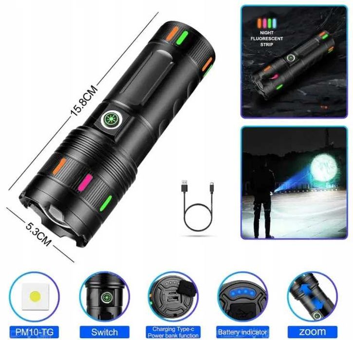 LATARKA Laserowa LED PM10-TG Taktyczna Mocna USB ZOOM POWERBANK 8951