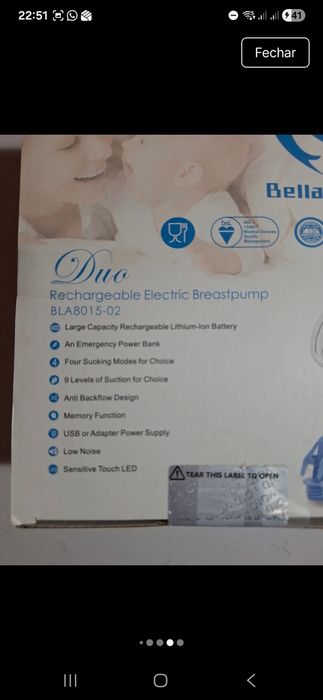 Bomba extração de leite materno - Bellababy - Nova