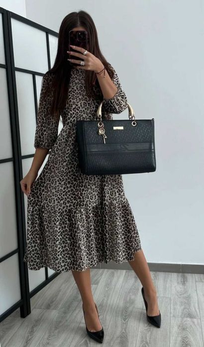 Zara sukienka midi w panterke falbanki S/M