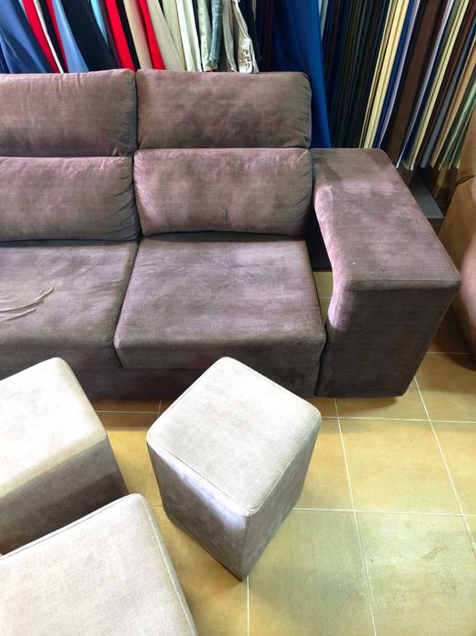 Sofá vintage castanho c/chaise long + 4 bancos incluídos