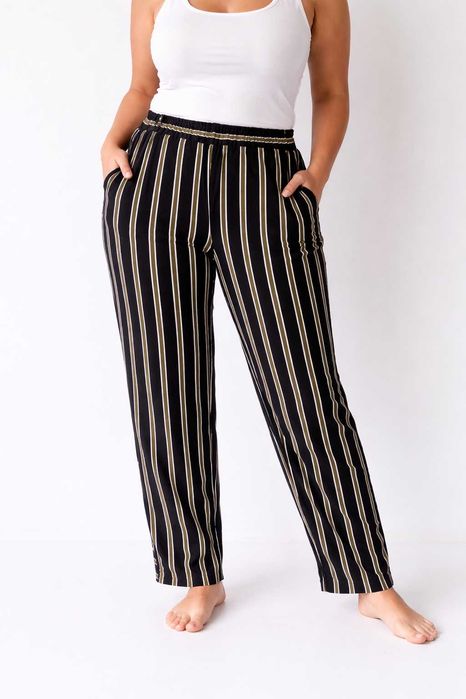 Nowe spodnie damskie 44/46 paski czarno-oliwkowe, gumka w pasie