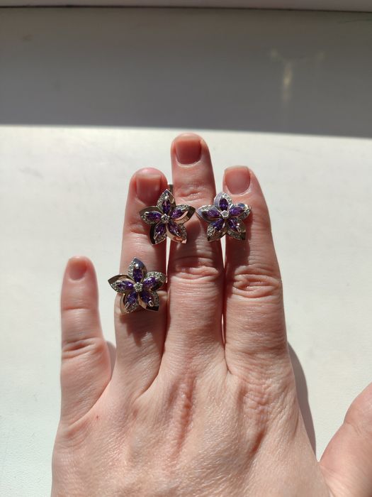 Набір колечко 17-17,5 та кульчики срібло із золотими пластинами