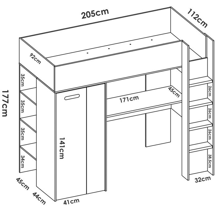 Quarto completo num só móvel: Cama alta + secretária + roupeiro