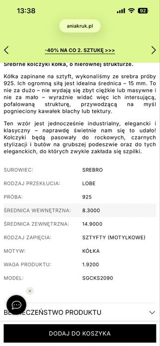 Srebrne kolczyki ania kruk