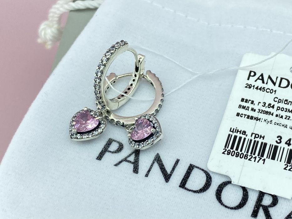 Оригінальні срібні сережки Pandora «Сяючі серця» Бірка/пломба