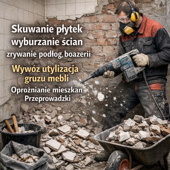 Skuwanie płytek Wyburzanie ścian Wywóz gruzu mebli Opróżnianie lokali