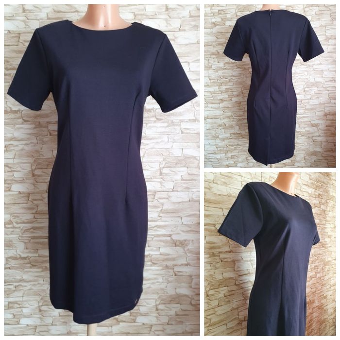 Elegancka prosta nowa granatowa sukienka z rozcięciem M/L