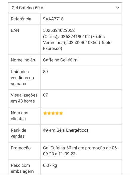 Gel cafeína e hidratos - 30 unidades