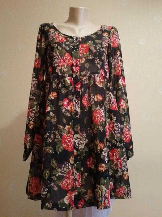 Сукня туніка шифон в квіти на ґудзиках з карманами