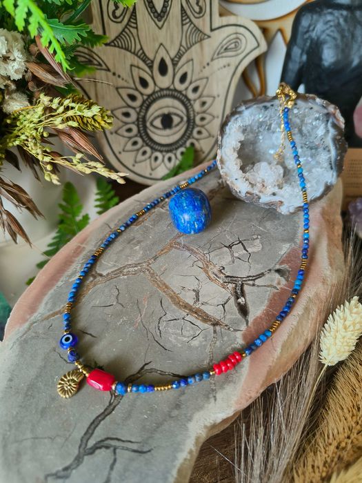 Naszyjnik Lapis lazuli , koral , muszelka , oko