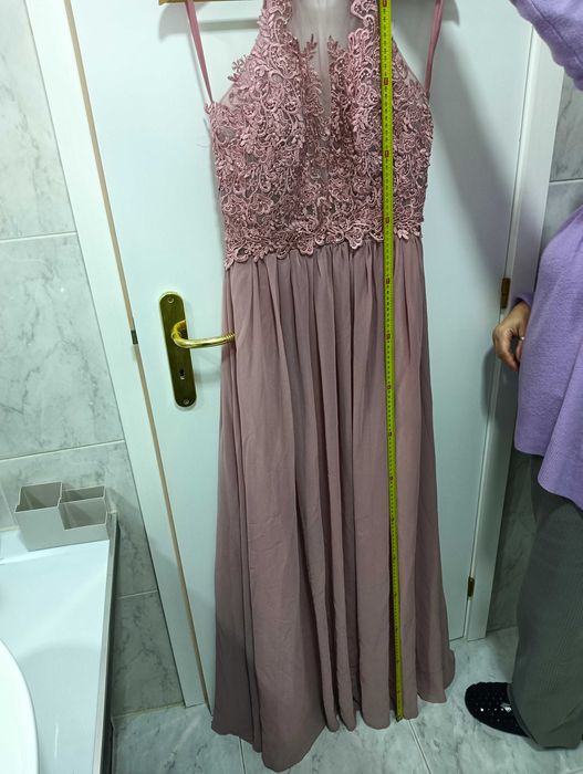 Vestido de cerimónia rosa velho – renda e tule – Tam. L