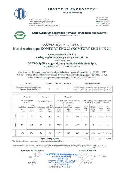 Piec kocioł na ekogroszek Defro Komfort Eko Mini 20kw
