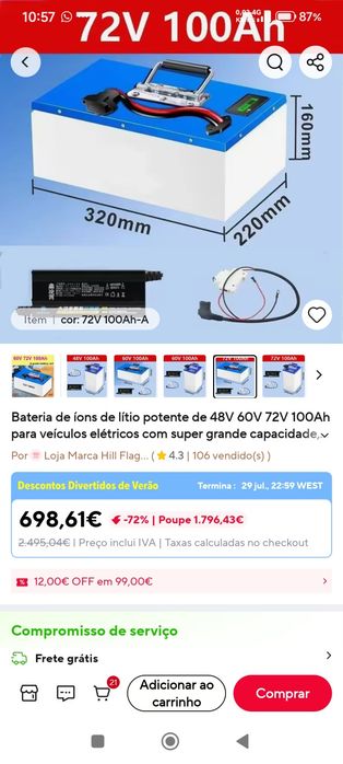 Bateria lítio 72V 100ah de alta capacidade
