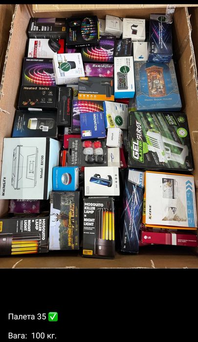 Палети Amazon з дрібною електронікою та побутовою технікою