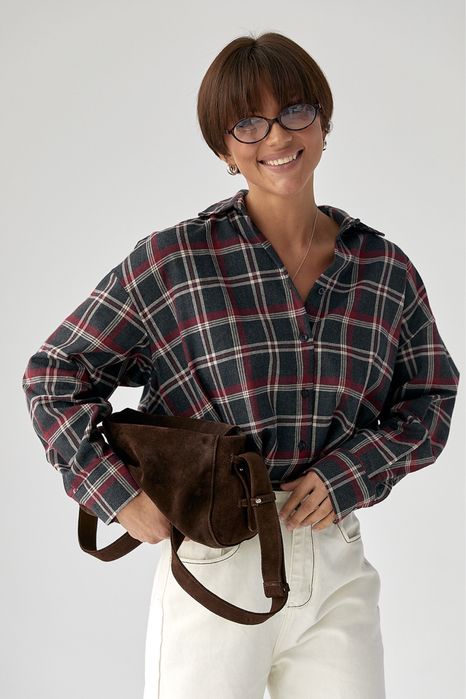 Трендова оверсайз сорочка в клітинку, картата сорочка сірий/бордовий