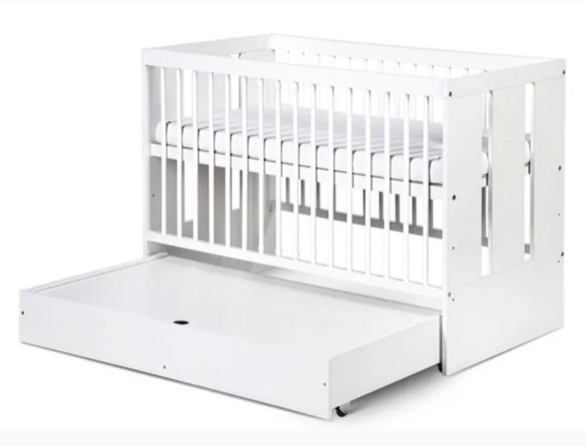 ŁÓŻECZKO Dziecięce Drewniane 120x60 z Pojemnikiem Białe + materac