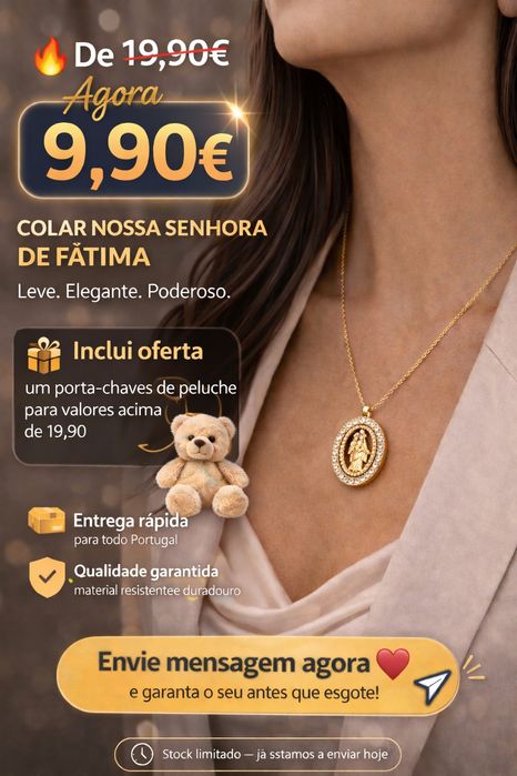 Colar Nossa Senhora de Fátima Banhado a Ouro 18K | Promoção 9,90€ + Oferta