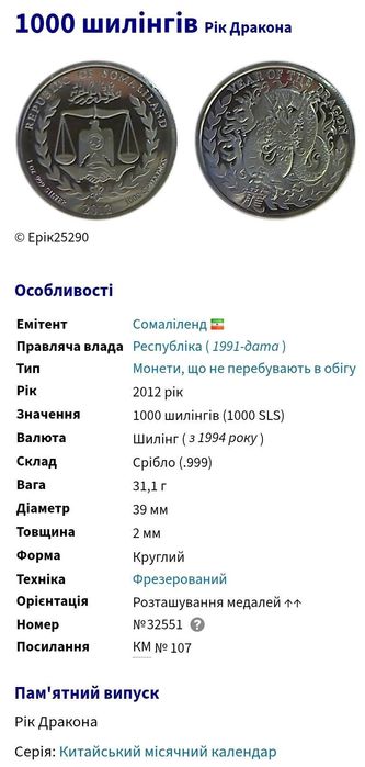 Сомаліленд 1000 шилінгів 2012р. СРІБЛО. Рік дракона! ПРУФ.