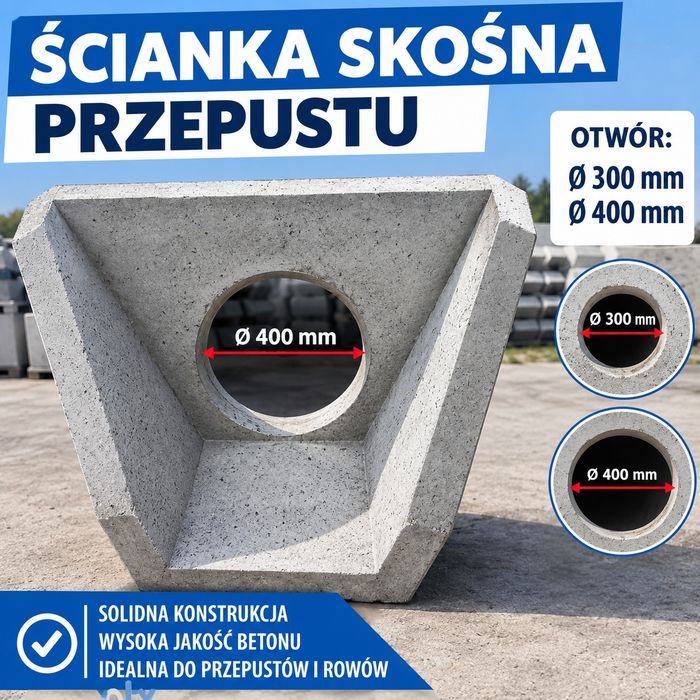 Ścianka betonowa  skośna przepust średnica fi300,fi400 rura