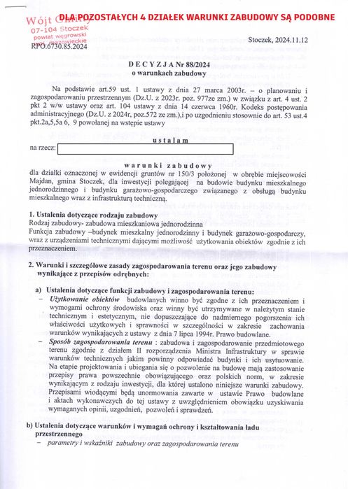 Działka budowlana pow. 2455 m²  warunki zabudowy bezterminowe