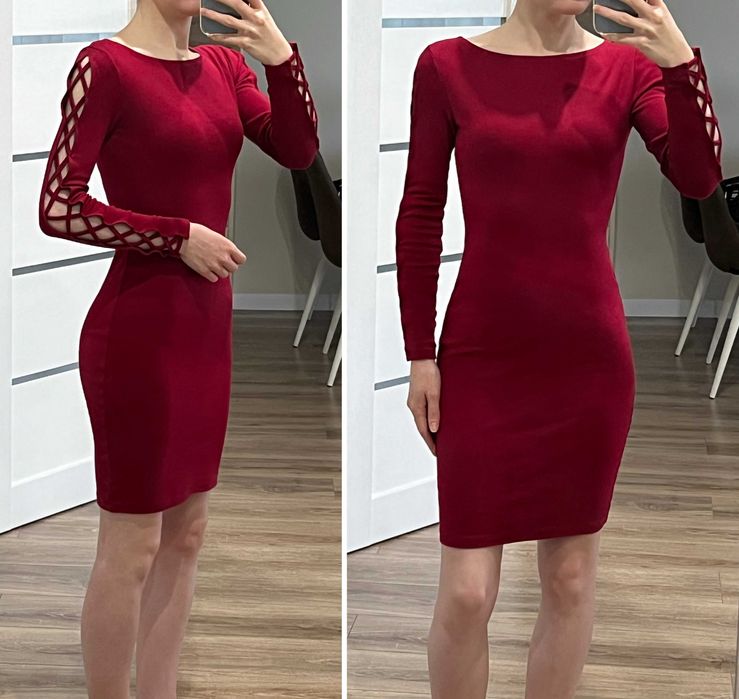 Сукня вишнево-бордова з плетінням на рукавах