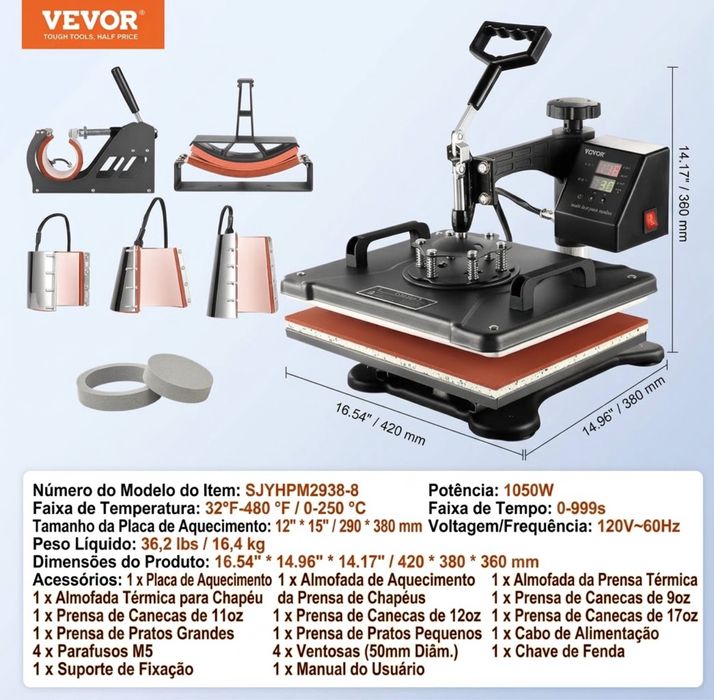 Prensa Termica Vevor 8x1 + impressora + materiais