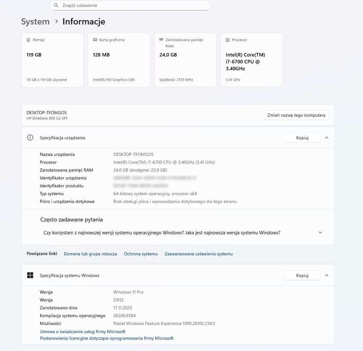 Komputer HP EliteDesk 800 G2 SFF i7-6700 3,4/24GB RAM/SSD/Win11Pro