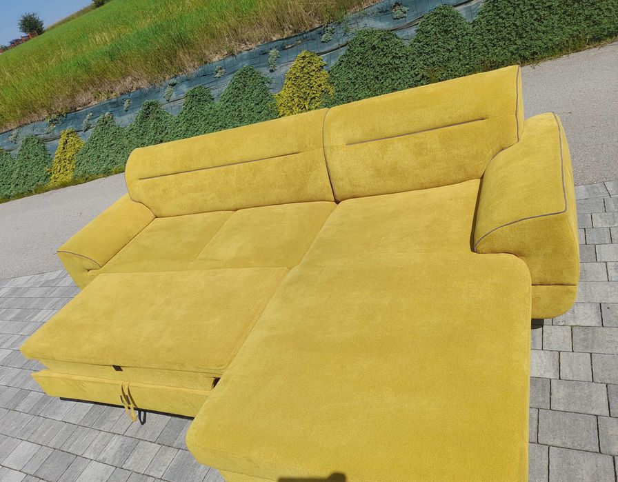 Narożnik musztardowy prawy funkcja spania i pojemnik